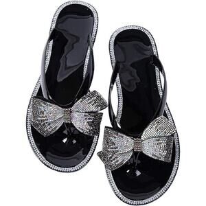 Mtzyoa Women Size 10 Black Rhinestone Flip Flops Open Round Toe Sandal Shoes